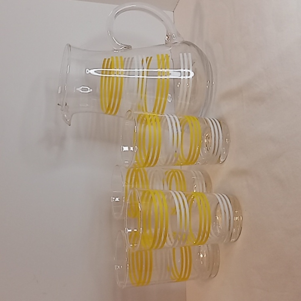 Vintage 80's At Home 5 Piece Striped Yellow/White Pitcher W/ 4 Tea Juice Glasses